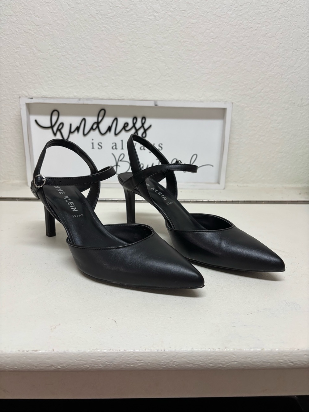 Anne Klein Black Pointed-Toe Ankle-Strap Pumps
